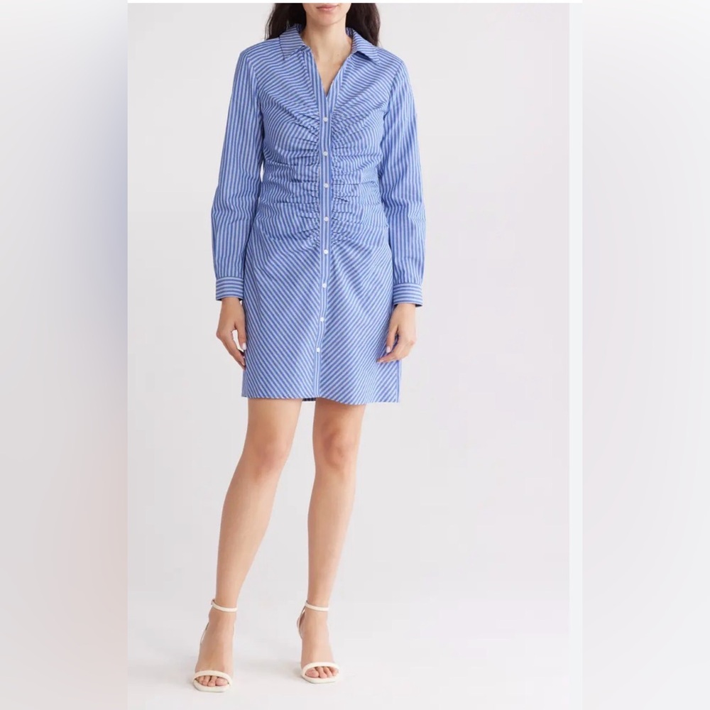 Eliza J Ruched Long Sleeve Blue Striped Shirtdress Size 10 NWT